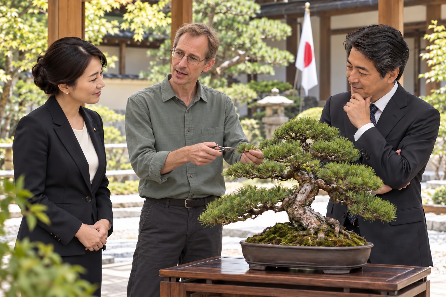KI-Inszenierung: ein Bonsai-Mitarbeiter demonstriert einen Pflegeschnitt und erklärt ihn fiktiven japanischen Vertretern; keine dokumentierte Begegnung