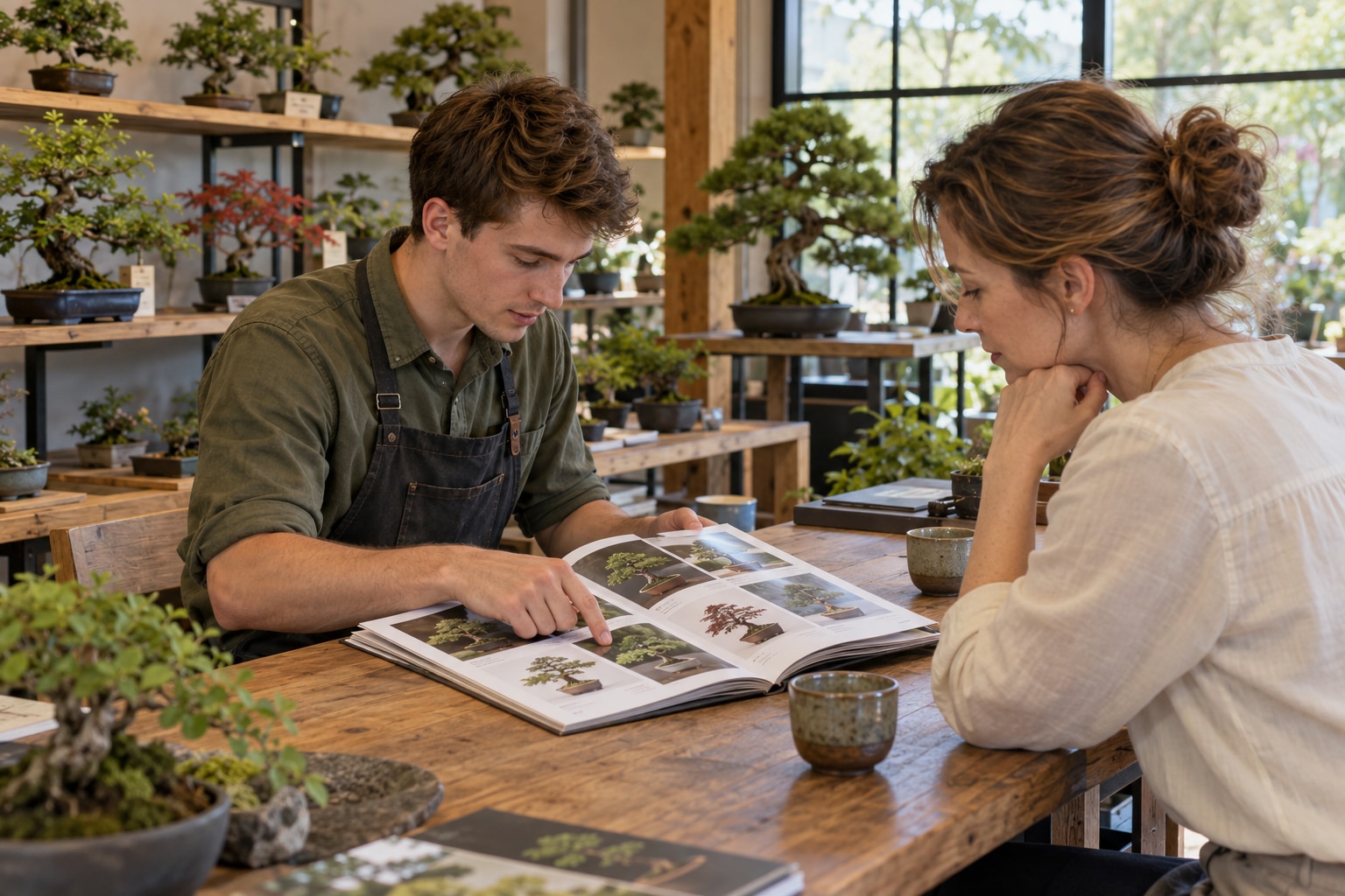 KI-Visualisierung: ein junger Mitarbeiter berät eine Kundin und schaut auf den Bonsai-Produktkatalog