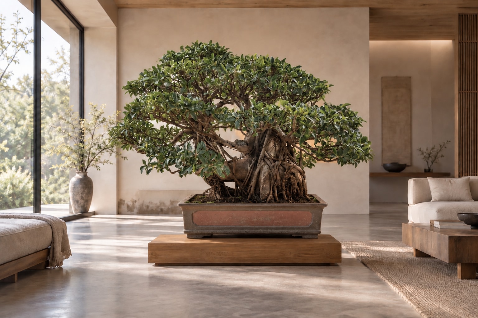 KI-Raumstudie: Ficus nach Fotovorlage mit charakteristischem Wurzelstamm und rechteckiger Pflanzschale in einer hellen Lounge
