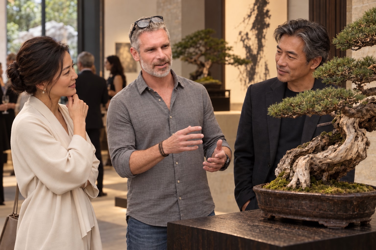KI-Visualisierung: der Inhaber betrachtet mit asiatischen Sammlern einen Bonsai in einer Galerie