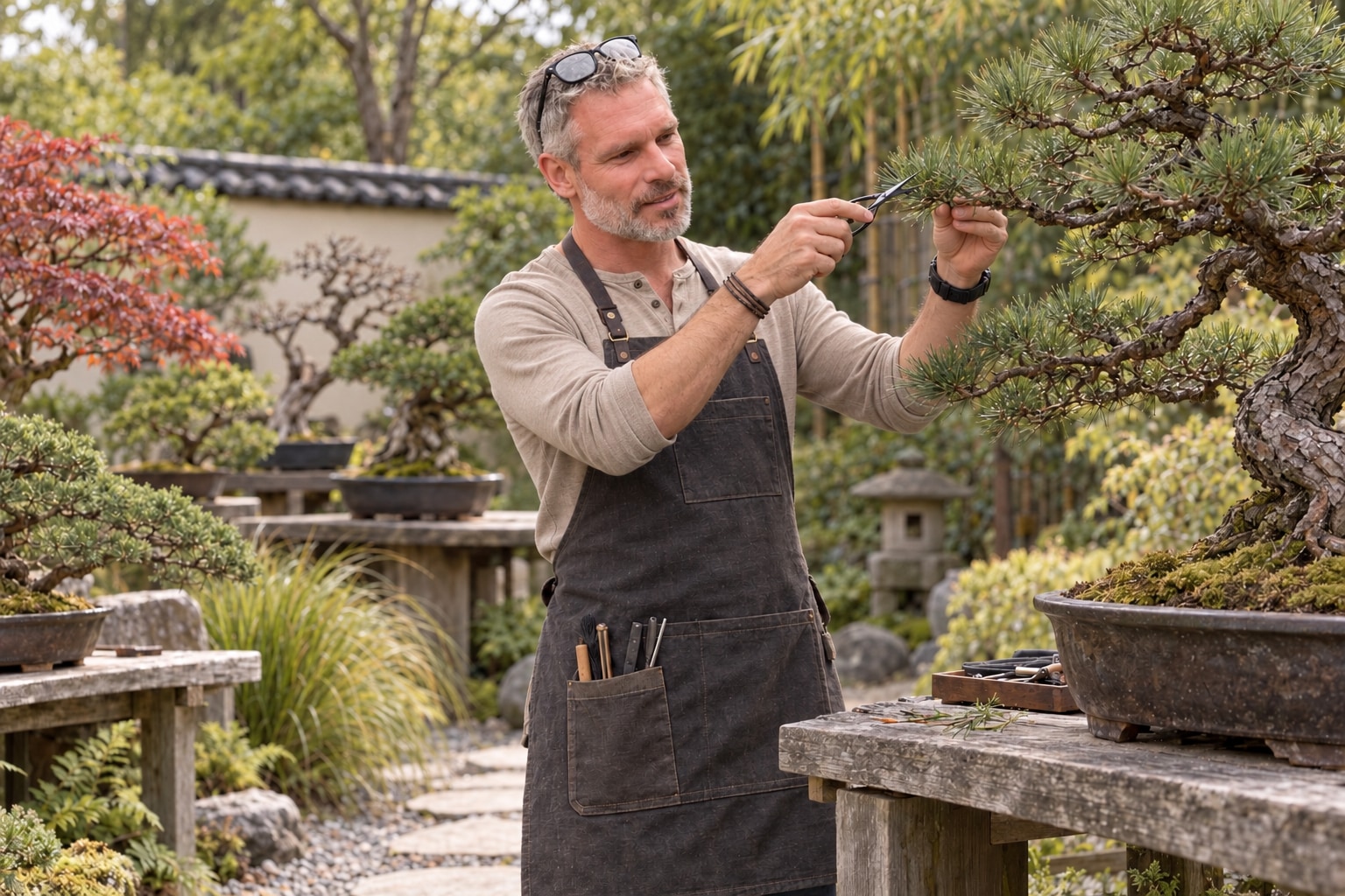 KI-Bildidee: der Inhaber pflegt einen Bonsai in einem privaten japanisch inspirierten Garten